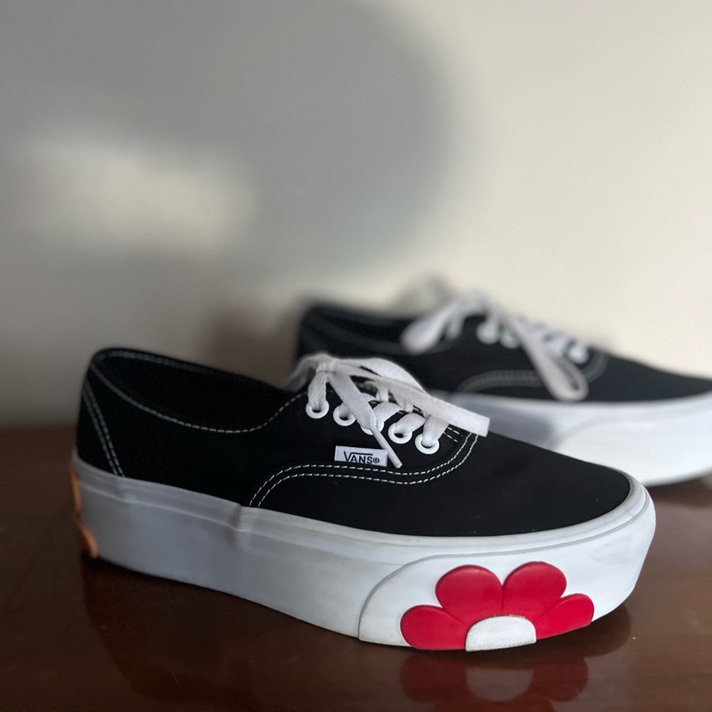 Vans Women's Black Canvas Sneakers with Red Flower